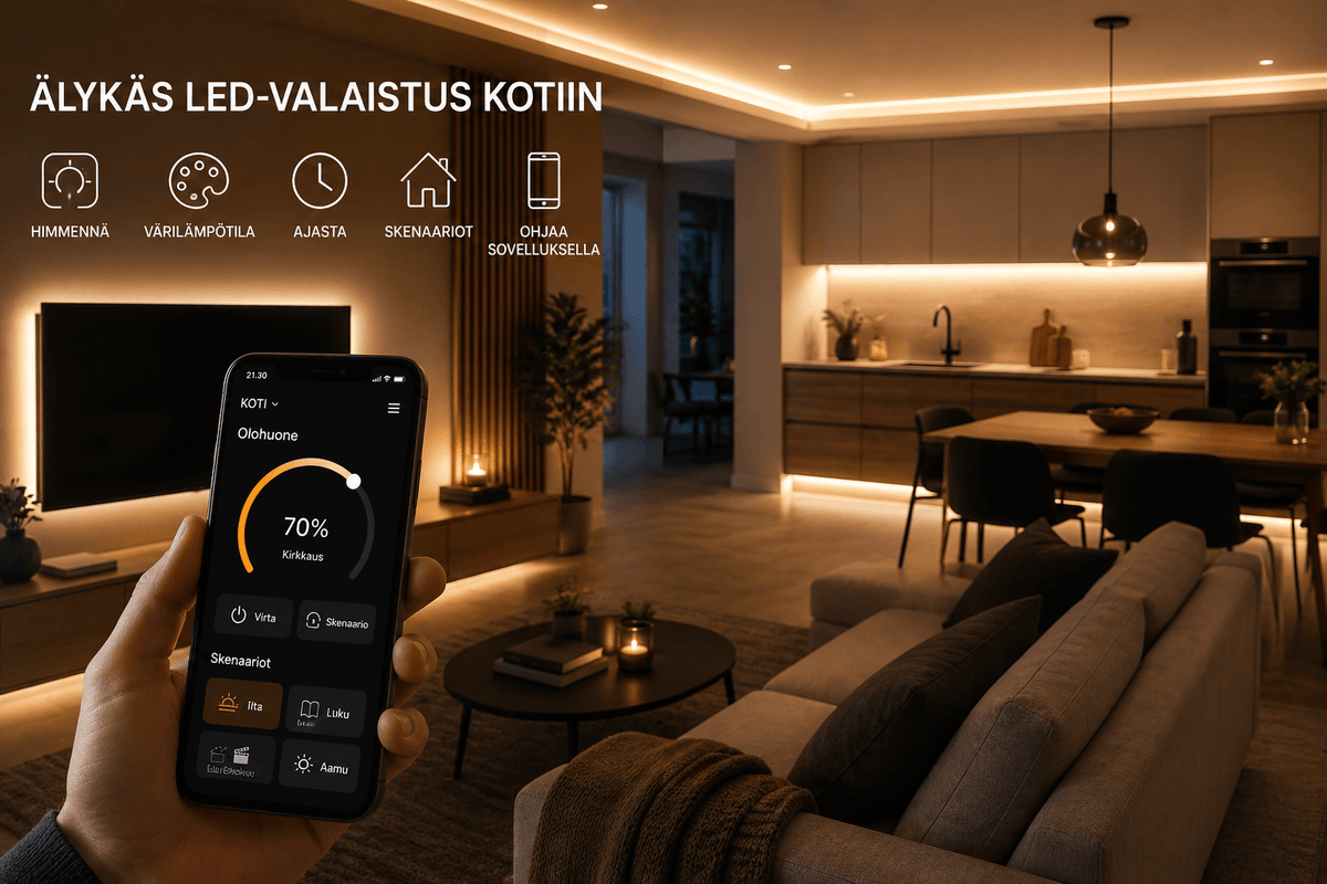 Älykäs LED-valaistus opas älypuhelimen sovellusvalikolla ja valaistusratkaisuilla kodin olohuoneessa.