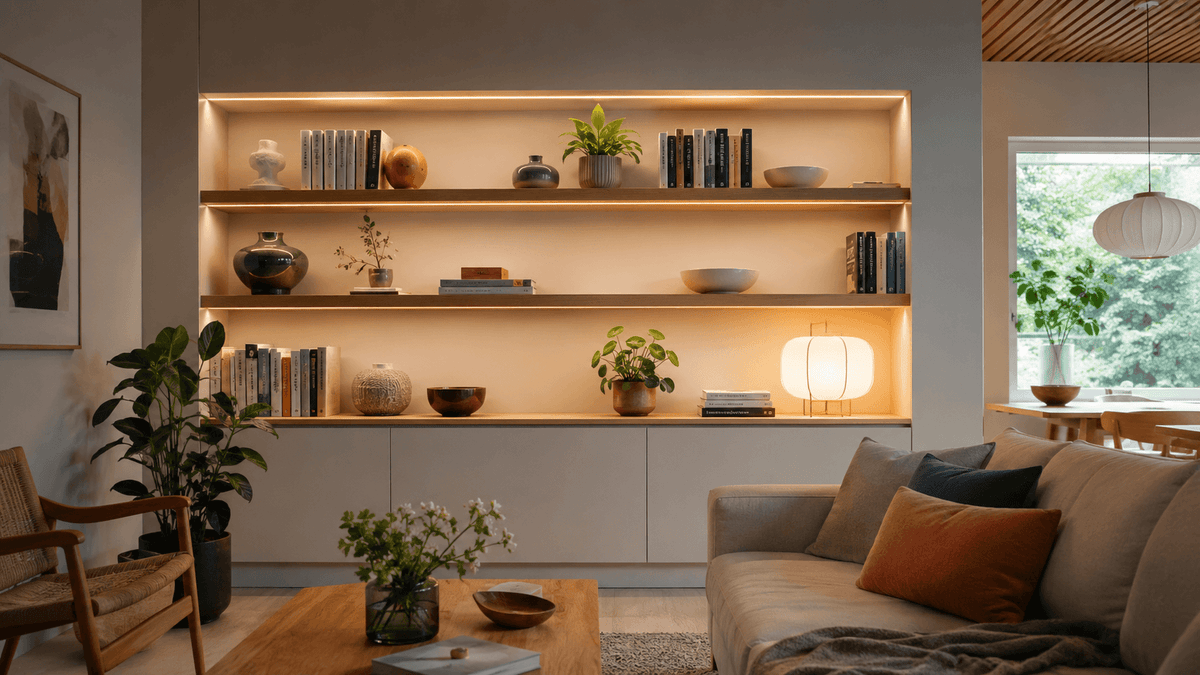 LED-valaistuksen lumenit ja CRI sisustusvalaistuksessa modernissa olohuoneessa.