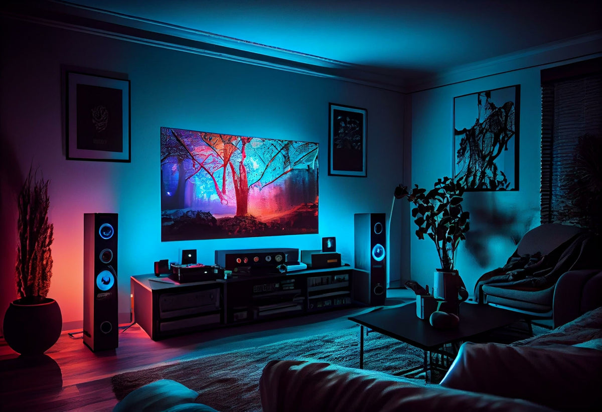 Moderni olohuone, jossa on LED-valaistus ja audiojärjestelmä, luo tunnelmaa ja viehättävää sisustusta.
