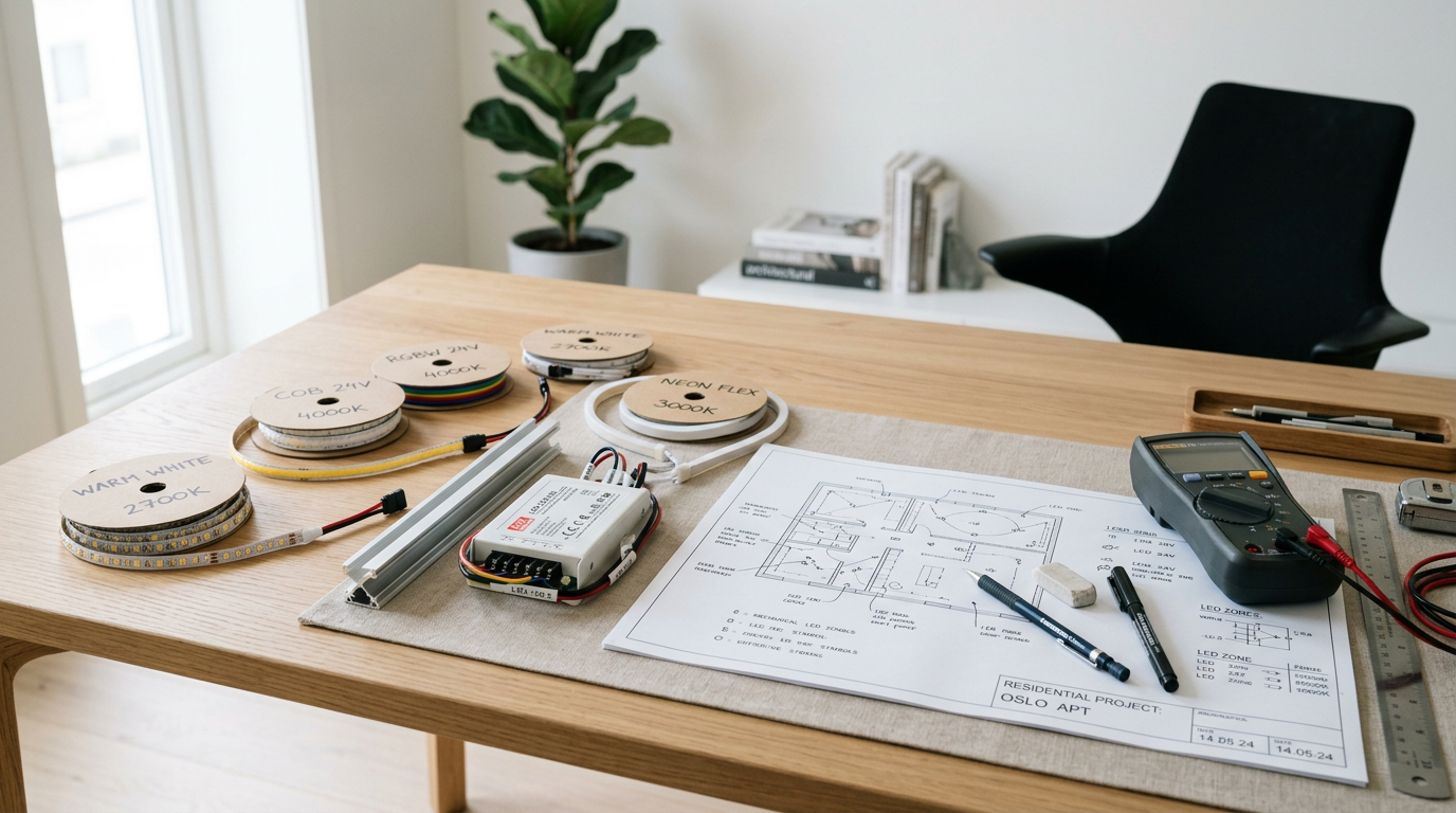 Työpöydällä on LED-nauhoja, virtalähde ja suunnitelma valaistusprojektille.