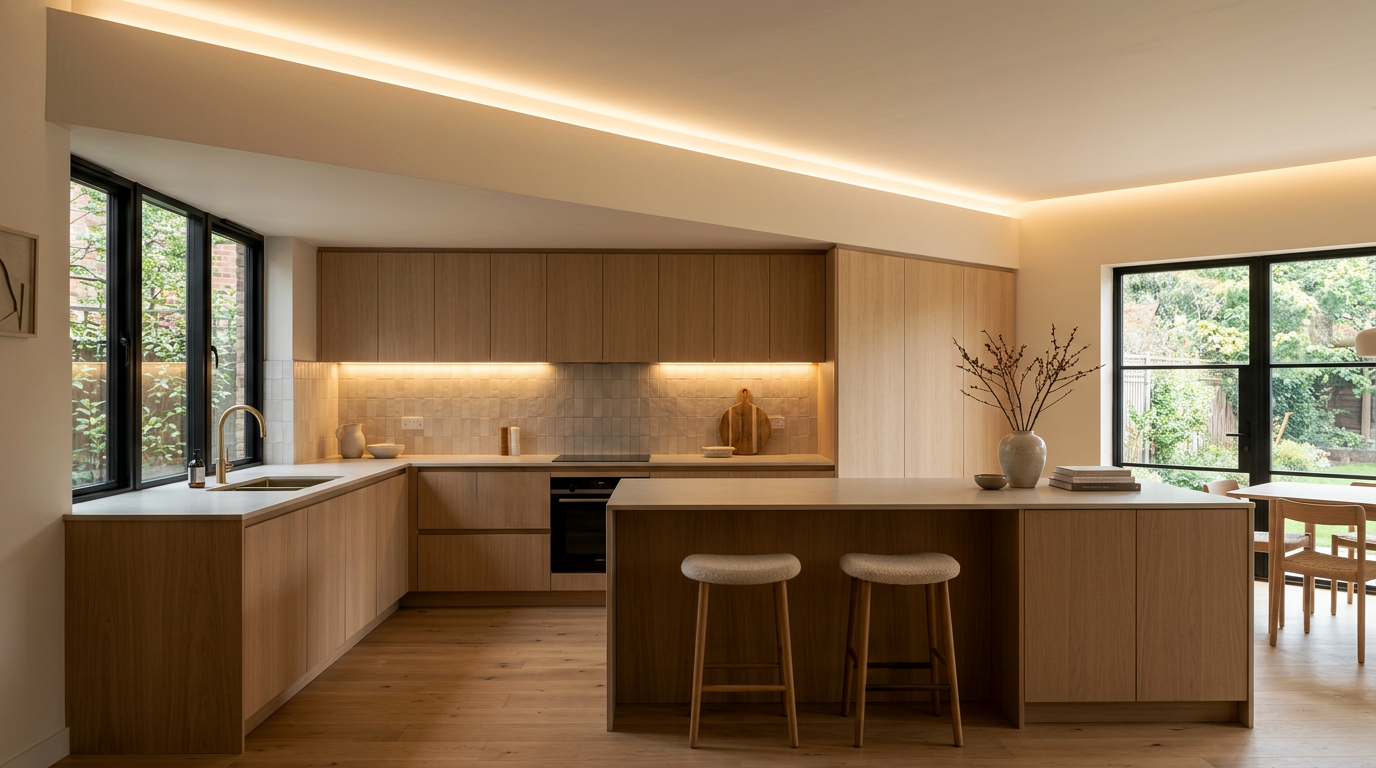 12V vai 24V LED-nauha – kumpi kannattaa valita eri kohteisiin? Moderni keittiö LED-nauhavalolla, puupinnat ja luonnonvalo.