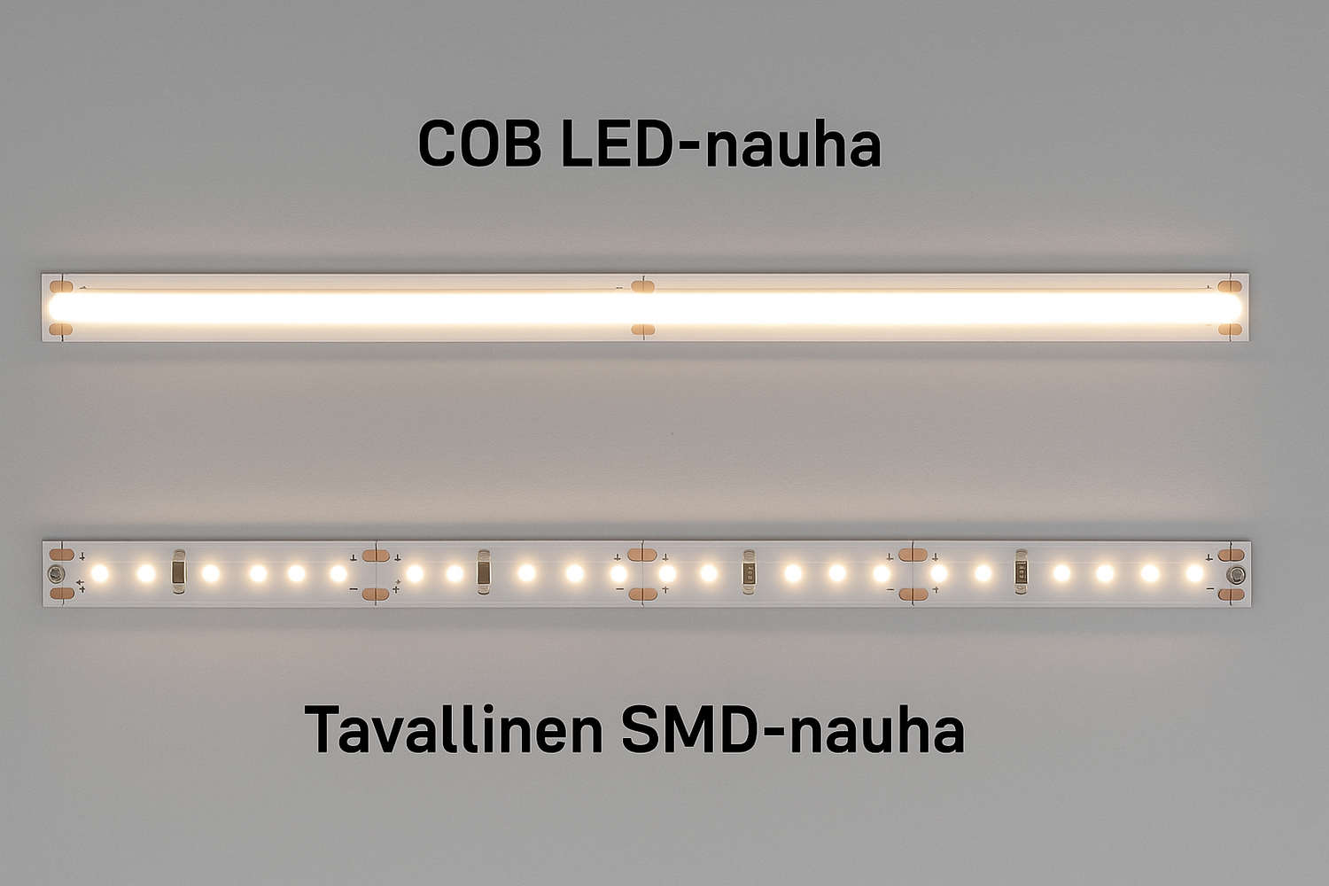 Kaksi eri tehoista LED-nauhaa rinnakkain valaistuna – vasemmalla tehokas COB-nauha, oikealla tavallinen SMD-nauha
