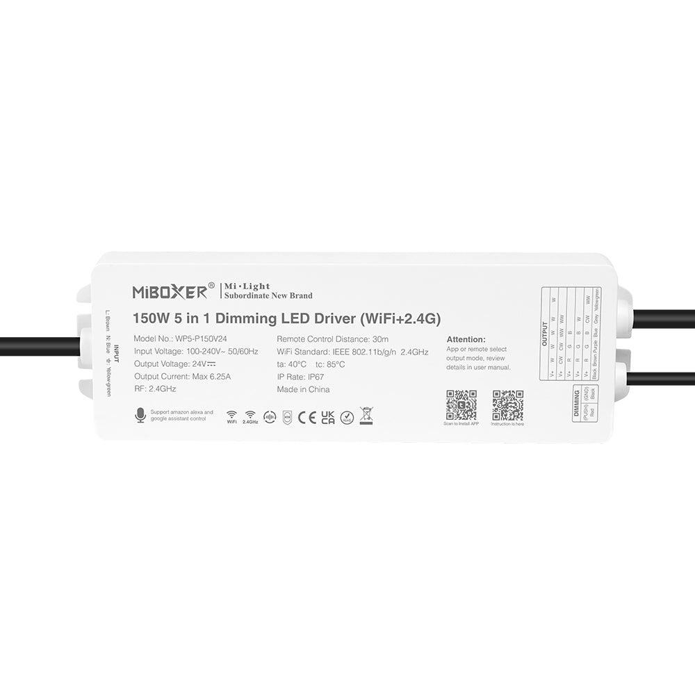 150W 24V muuntaja IP67 + 5in1 -vastaanotin kaikille 24V LED-nauhoille RGB+CCT WL5-P150V24 - Smart LED 2.4G WIFI (Alexa/Google Assistant)