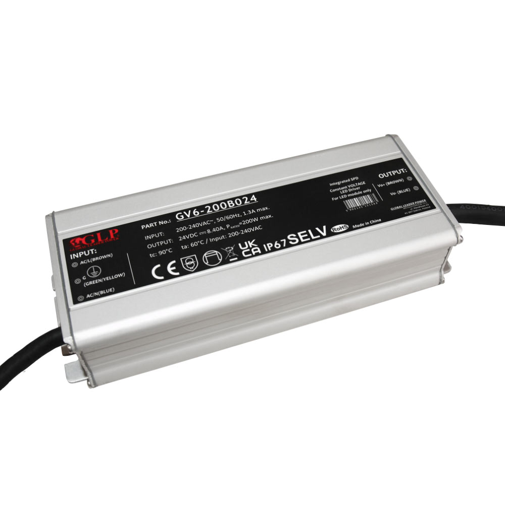 200W 24V LED-muuntaja, alumiinirunko IP67, tekniset tiedot
