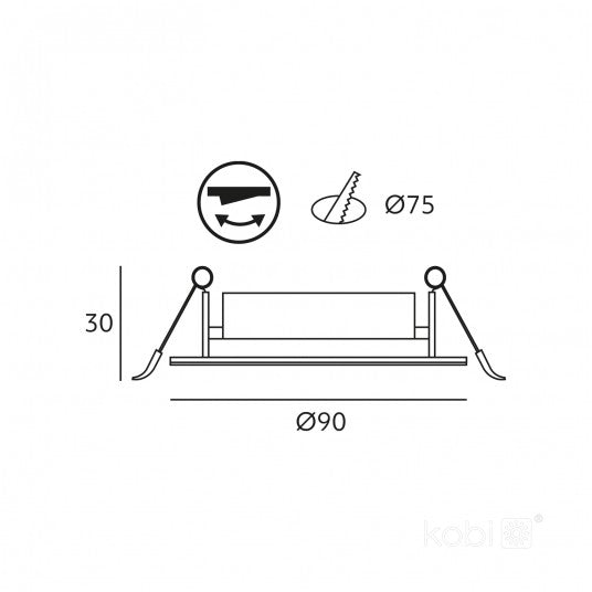 Diagram of LED downlight BRINO dimensions with Ø75mm cutout and Ø90mm outer size.