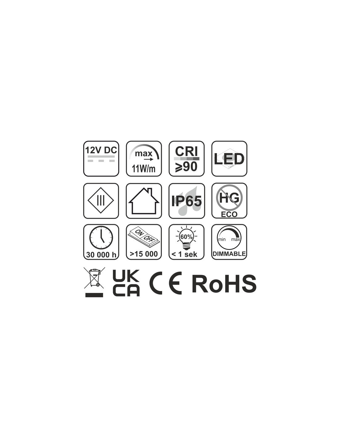 11W/m 12V COB LED-nauha 5m, 990lm, CRI>90, kosteussuojattu IP65