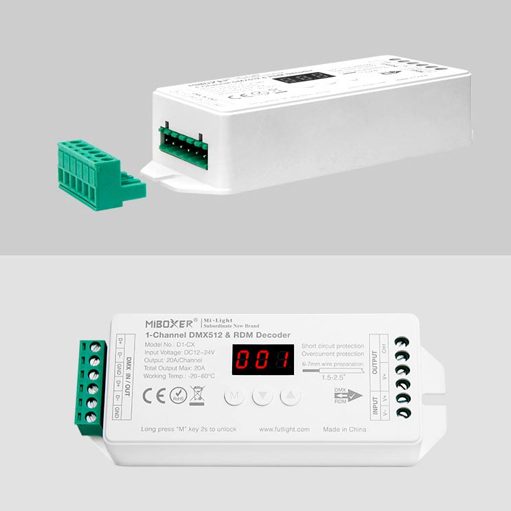 DIM DMX-dekooderi 12-24VDC 1 kanava, max. 20A DMX512 & RDM - D1-CX