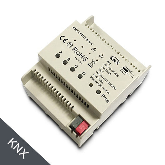 KNX RGBW ohjain 4 kanavaa, DIN-kiskoon asennettava LED-himmennin 12-36 VDC.