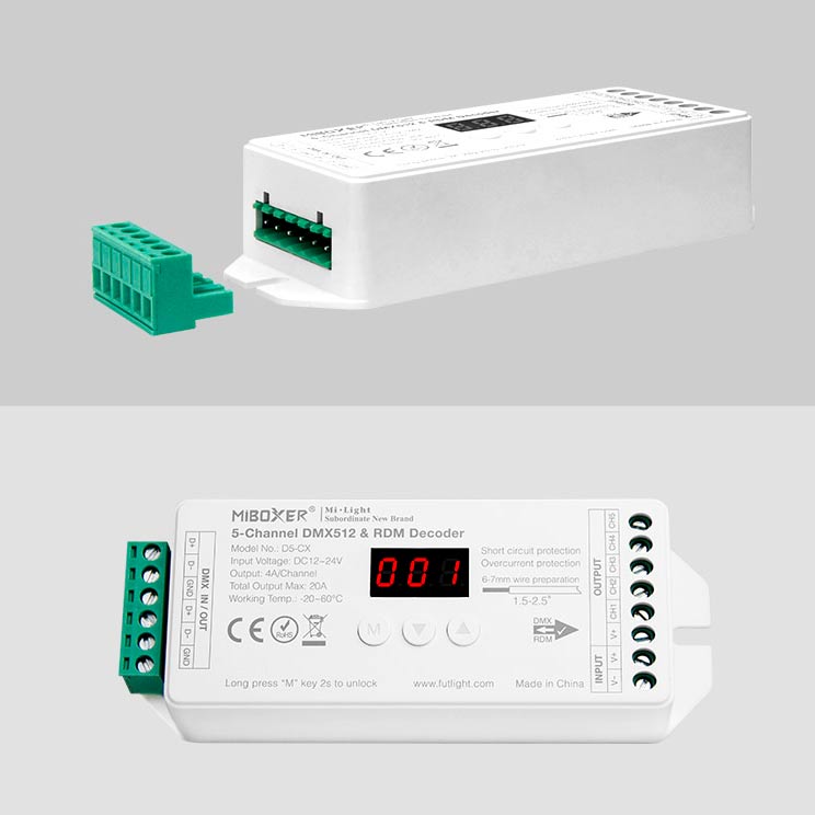 RGB+CCT DMX-dekooderi 12-24VDC 5 kanavaa max. 20A DMX512 & RDM - D5-CX
