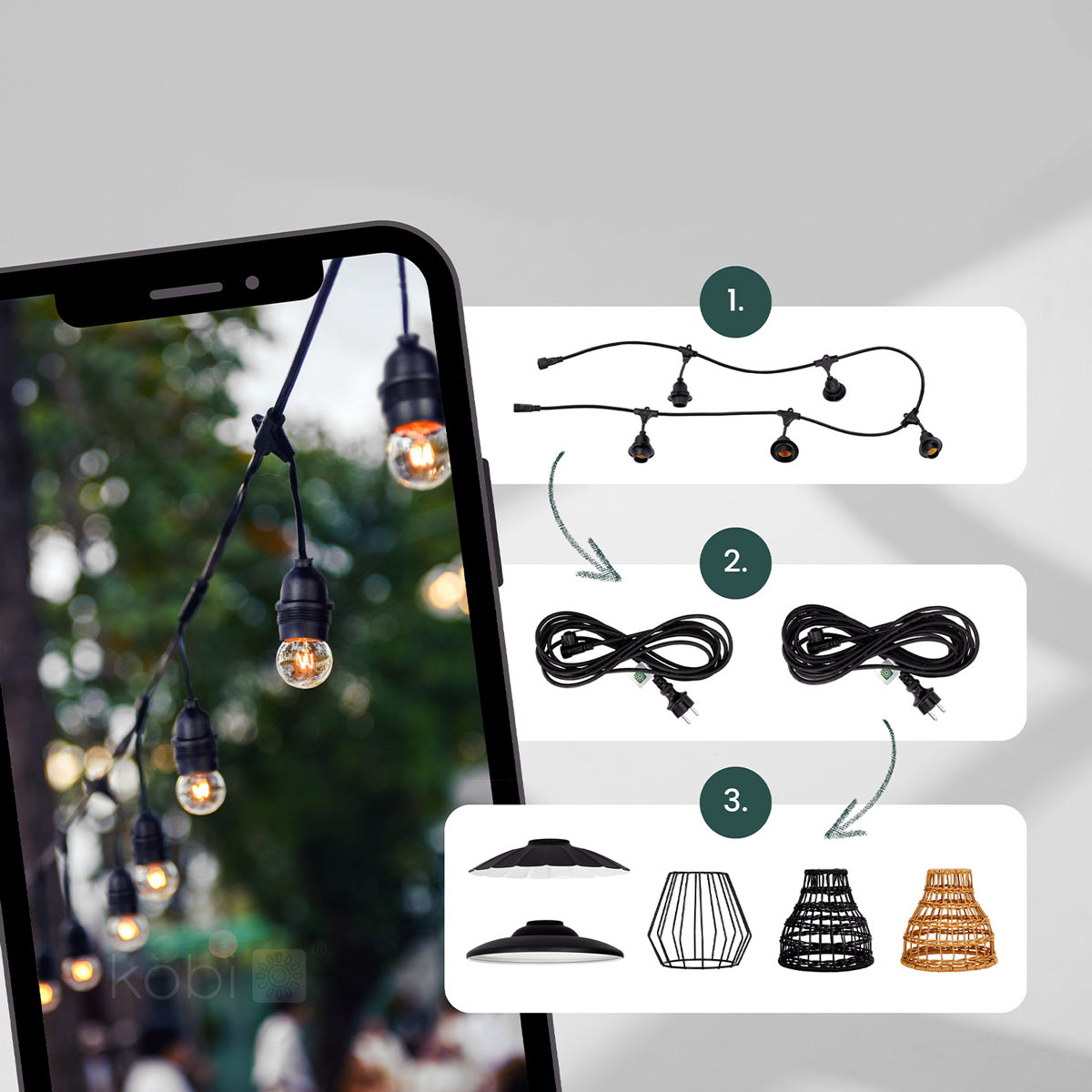 CRETE LED-valoketjusarjan 5m valoketju sis. 5kpl E27 lampunkantoja, IP44 (pelkkä 5m ketju)