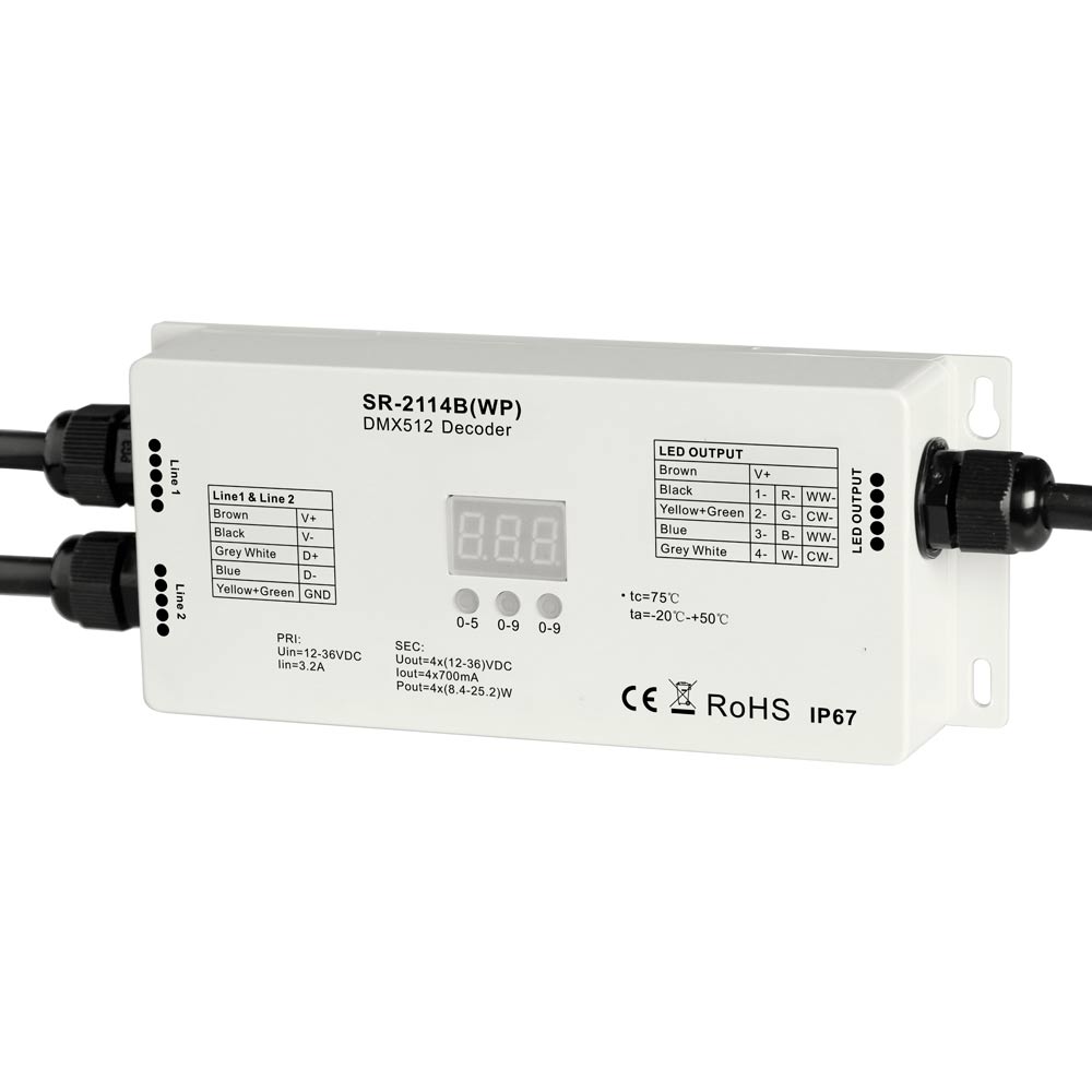 DMX decoder 4 x 0.7A 12-36VDC for outdoor use IP67
