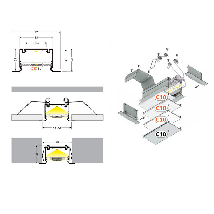 FIILIS-UPPO53 LED-profiili, uppoasennettava suurikokoinen profiili, 2000mm