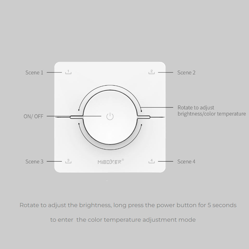 Langaton 1-kanav LED-seinäsäädin + 4 sceneä valkoinen, himmennys ja CCT-värilämpötilasäätö K0-W - Easy RF 2.4G