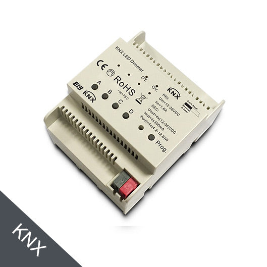 KNX ohjain himmennin 4 kanavaa, tehokas LED-valaistuksen ohjaus DIN-kiskoon asennettavaksi.