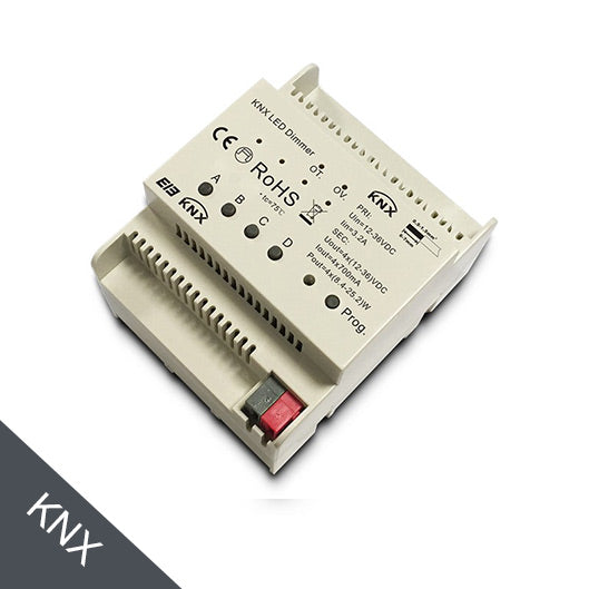 KNX ohjain himmennin 4 kanavaa, DIN-kiskoon kiinnitettävä LED-ohjain 700mA kanavaa kohden.