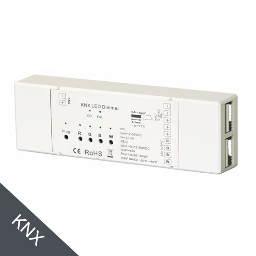 KNX RGBW ohjain 4 kanavaa, LED-himmennin 12-36 VDC, 5A per kanava, yhteensopiva KNX-järjestelmän kanssa.
