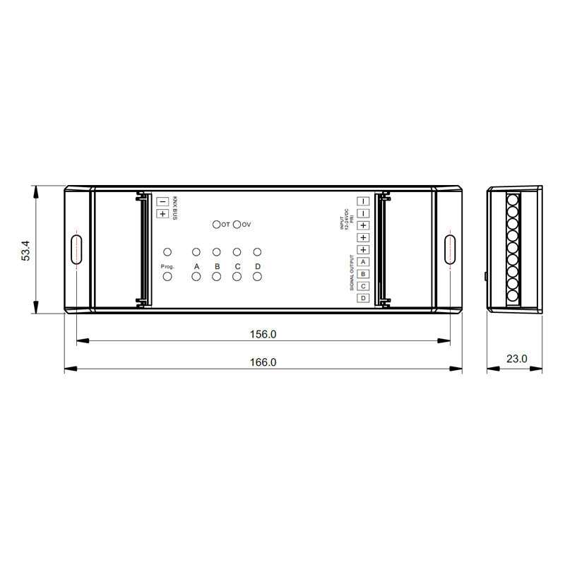 KNX RGBW ohjain 4 kanavaa, mitat ja liitännät teknisessä piirustuksessa.
