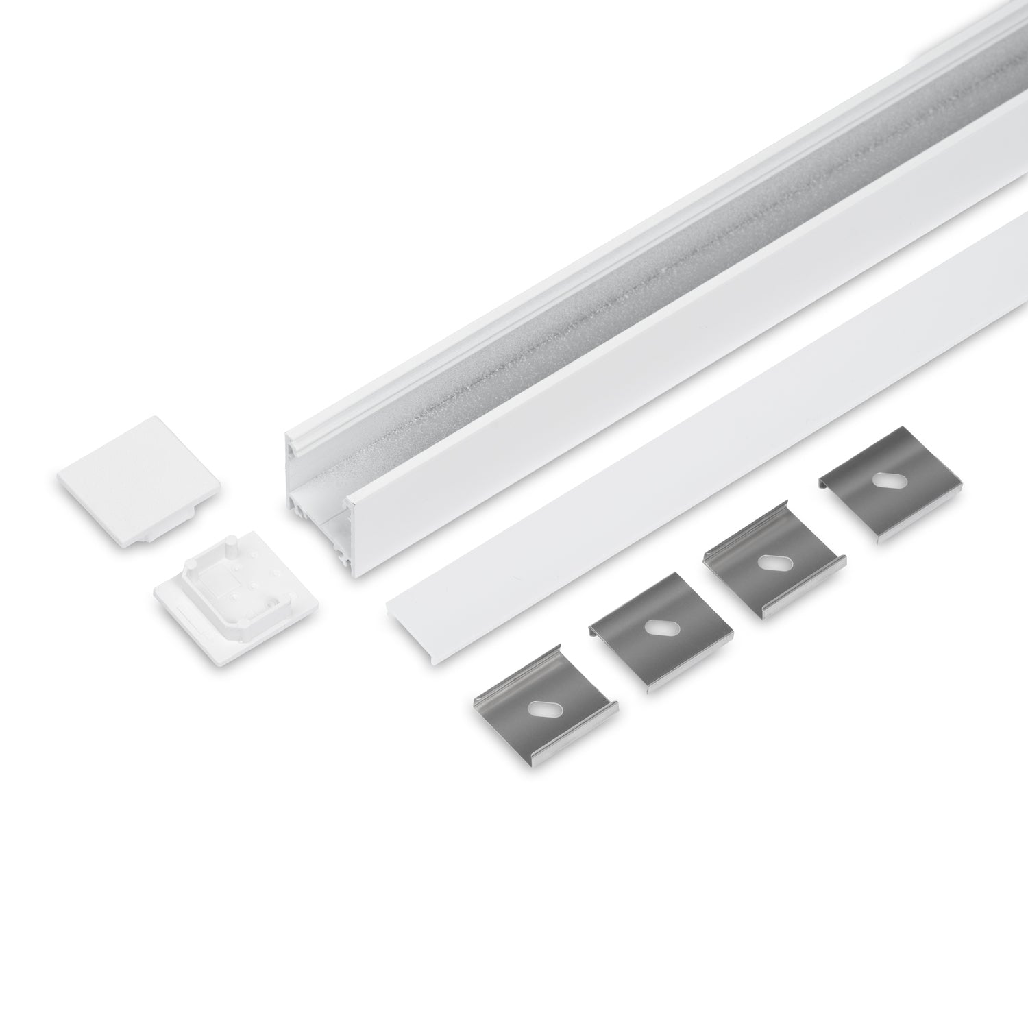 LINJA20 LED-profiilisetti valkoinen, 2m, sisältää alumiiniprofiilit ja osat moderniin valaistukseen.