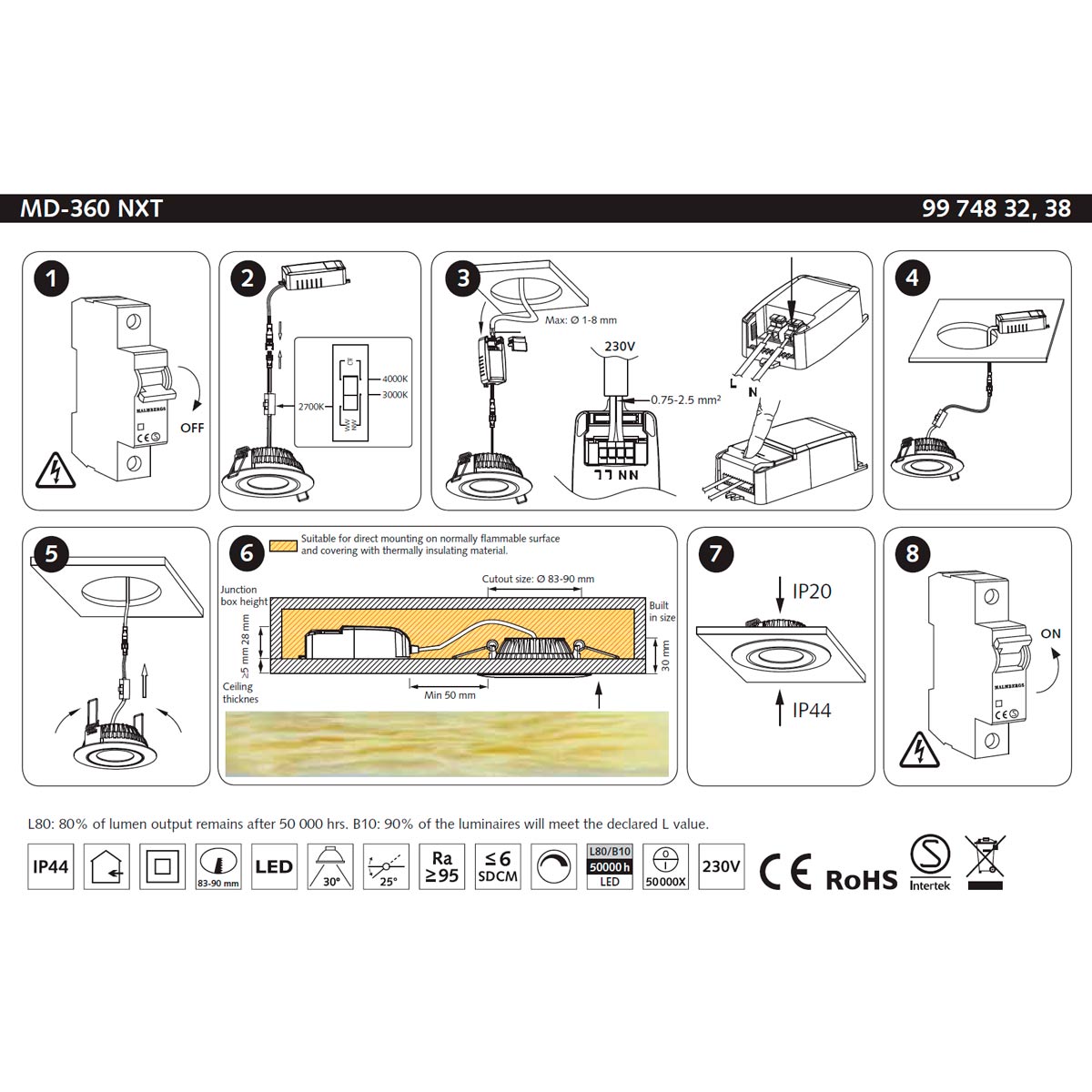 7W LED-alasvalo MD-360 NXT valkoinen, ~610lm, 30°, 3-CCT 2700-3000-4000K, CRI>95, IP44, himmennettävä