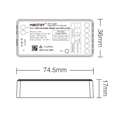 MiBoxer SM2 Matter LED-ohjaimen mittakuva ja ulkomitat