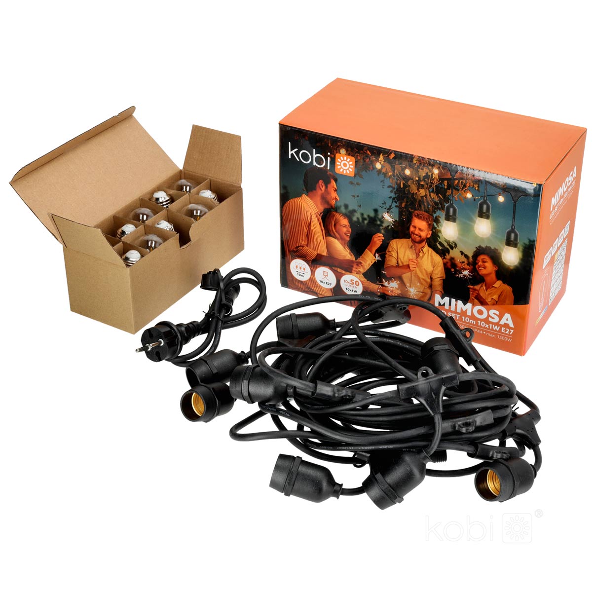 Valoketjusetti MIMOSA2 10m & 10kpl 1W 2700K E27 LED-polttimoa, IP44 ulkokäyttöön sopiva