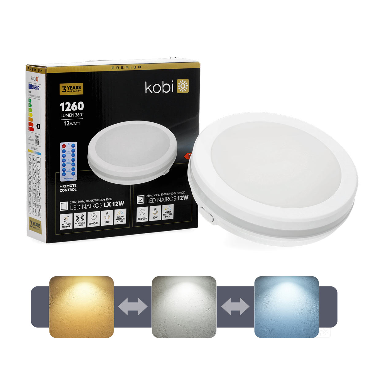 LED-lampa NAIROS G2 VIT 12W 3000/4000/6500K Ø200mm 1260lm IP65