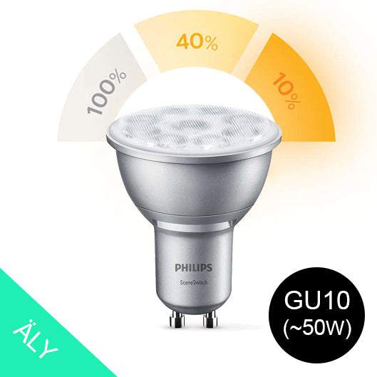 GU10 Philips SceneSwitch LED polttimo 4.5W 2.8W 1.3W 3 STEP DIM Valotehdas