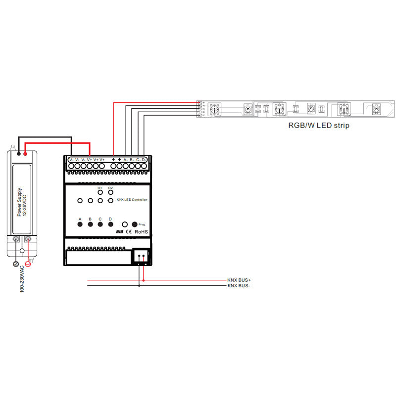 KNX RGBW ohjain 4 kanavaa kaavio, joka näyttää liitännät RGBW-LED-nauhalle.