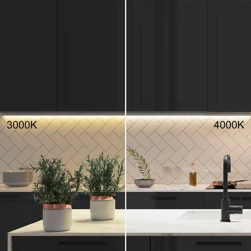 Värilämpötilaesimerkki keittiön valaistuksessa, lämmin valkoinen 3000K vs. neutraali valkoinen 4000K