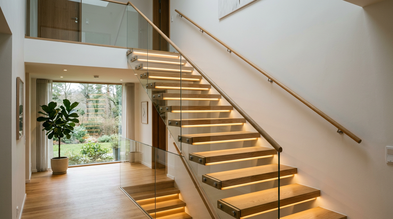 LED-valaistus portaisiin – turvallinen ja näyttävä ratkaisu kotiin, modernit portaat LED-valaistuksella.