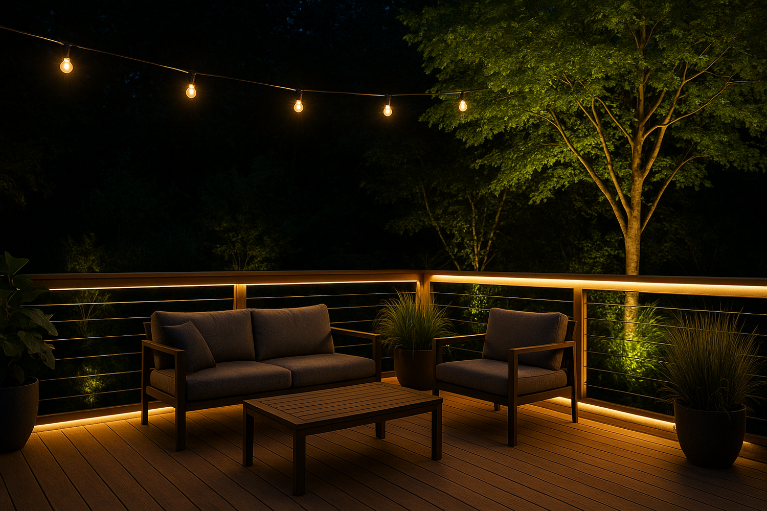Tunnelmallinen puuterassi illalla, lämminhenkisin LED-koristevaloin ja käsikaiteesta alaspäin suuntautuvalla valaistuksella, skandinaavityyliset ulkokalusteet, ruukkukasveja ja taustalla alhaalta valaistuja puita.