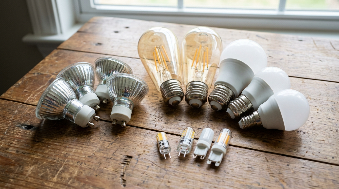 Erilaisia LED-polttimoita eri kantatyypeillä pöydällä