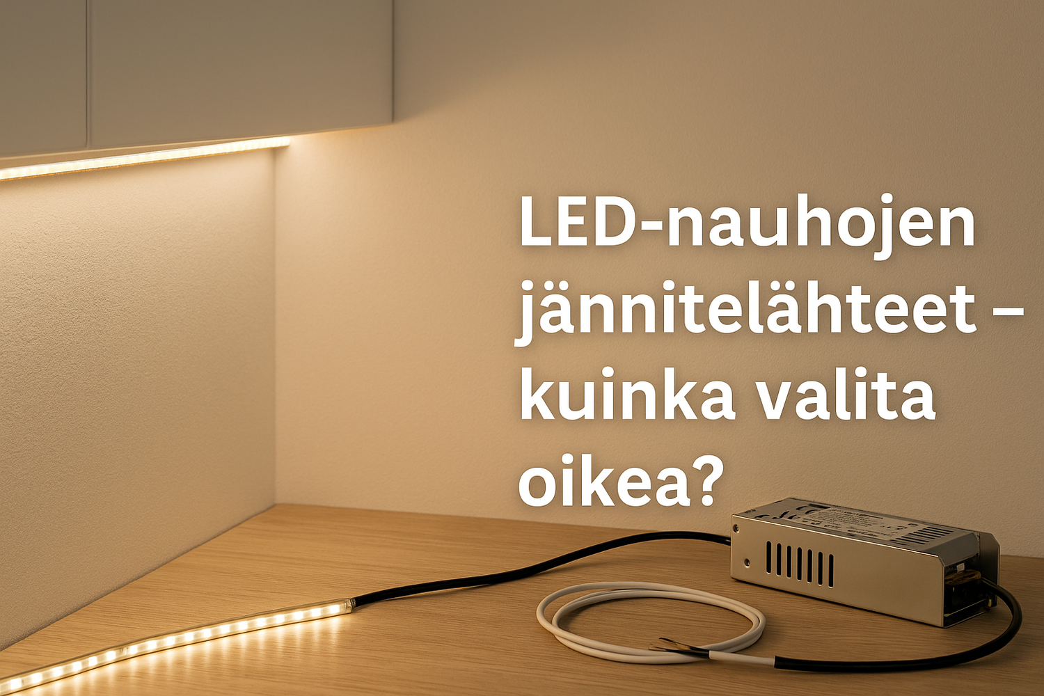 Moderni sisätila, jossa LED-nauha valaisee kauniisti kalustetta, ja sen vieressä näkyy jännitelähde asennusvalmiina.