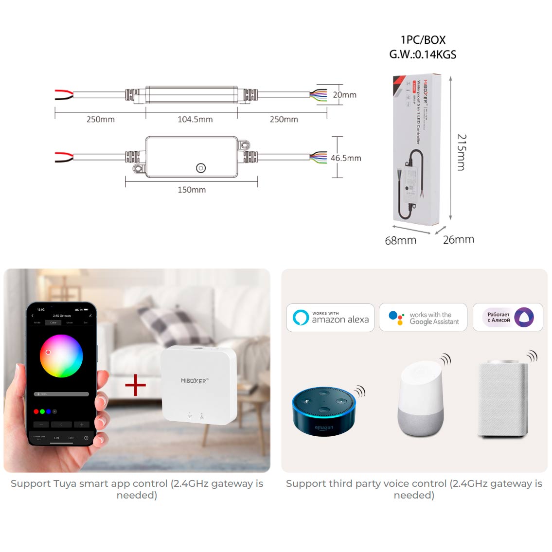 5in1 -vastaanotin kosteudenkestävä IP66, kaikille 12-24V LED-nauhoille RGB+CCT SR5-P - Smart LED 2.4G + DMX