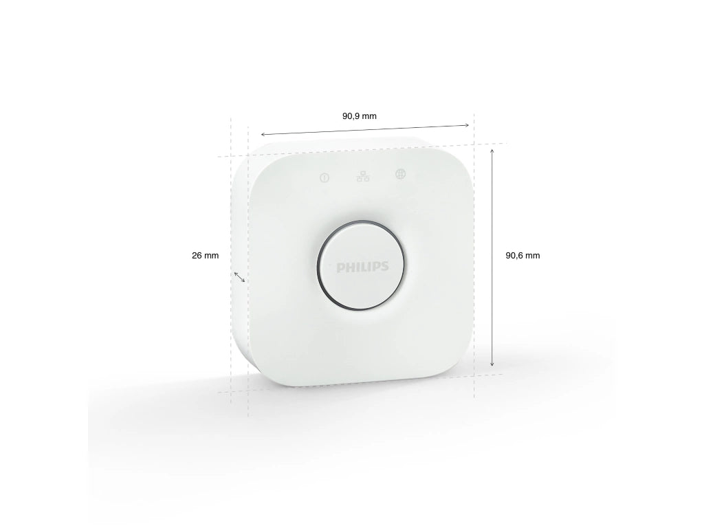 Philips Hue Bridge valkoisen keskusyksikön kuva, mitat 90,9 mm x 26 mm x 90,6 mm.
