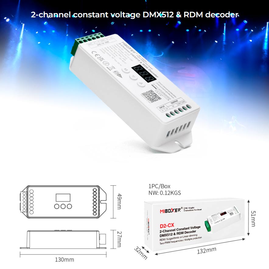 CCT DMX-dekooderi 12-24VDC 2 kanavaa, max. 20A DMX512 & RDM - D2-CX