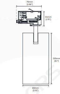 Tekninen piirros 30W LED-kiskovalaisimesta musta 4000K, mitat 76mm x 80mm x 155mm.