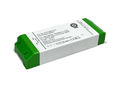 300W 24V TRIAC himmennettävä LED-muuntaja, ylijännitesuoja ja IP20. Tehokkuus 85%.