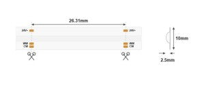Muutettavan värilämpötilan COB LED-nauha mitat: 26,31mm leveä ja 2,5mm paksu, 10mm korkea.