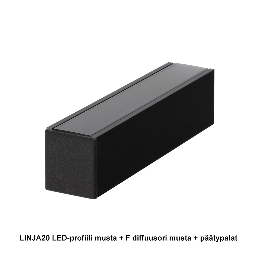 LINJA20 LED-profiili pinta-asennettava, musta, mustalla diffuusorilla ja päätypaloilla