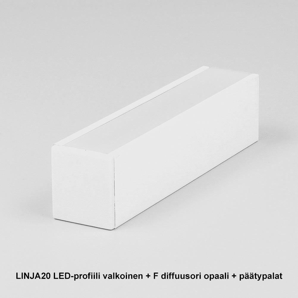 LINJA20 LED-profiili pinta-asennettava, valkoinen, opaalilla diffuusorilla ja päätypaloilla