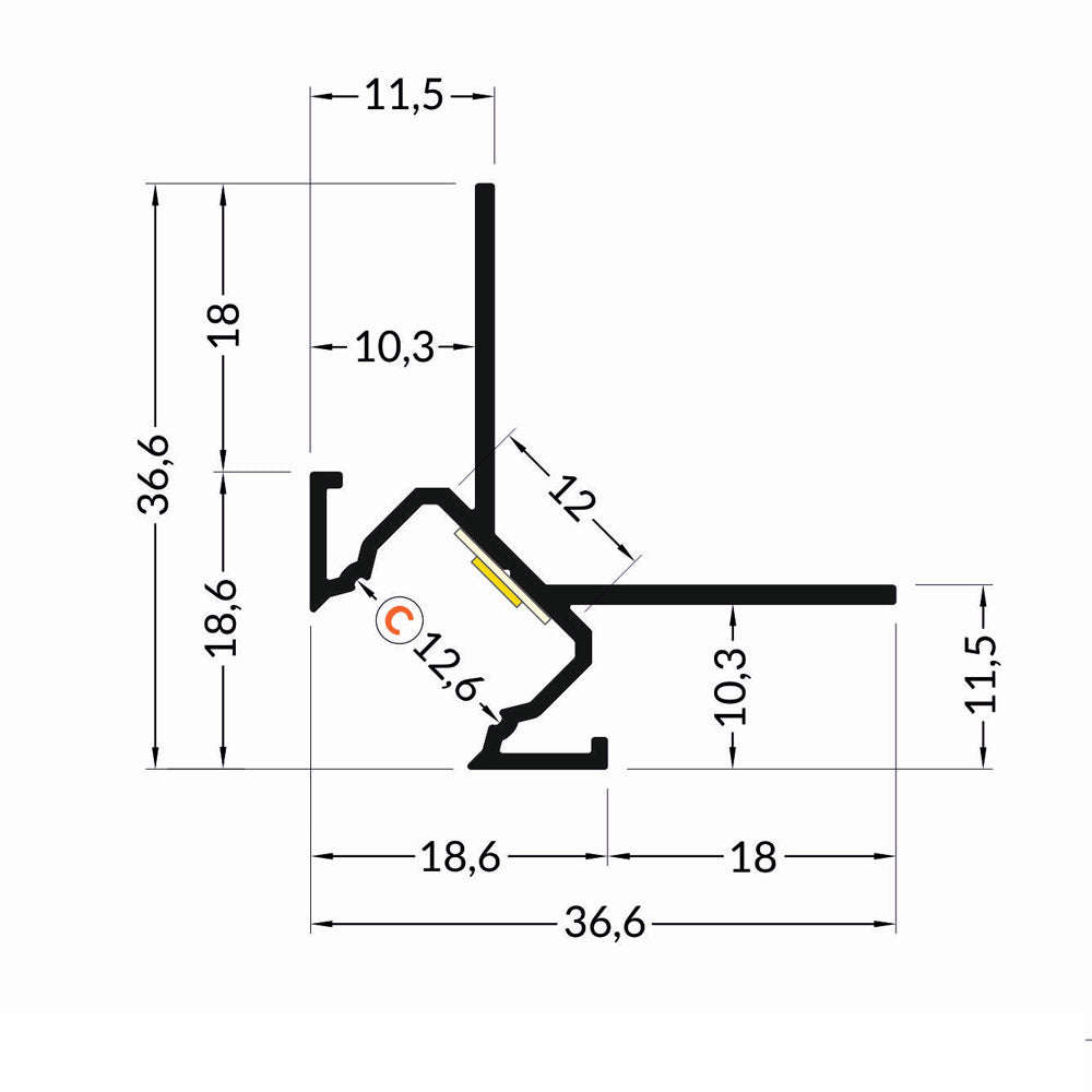 Laatta-uppo12 270 asteen uppoasennettava led-profiili laatta-asennukseen, mittakuva