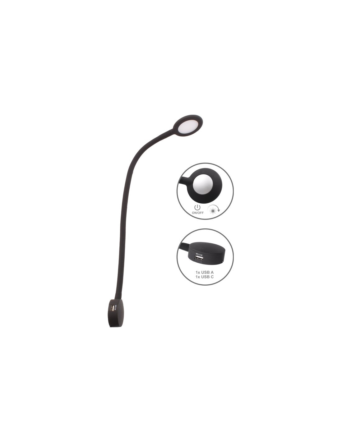 MODUS USB A+C reading light with flexible arm and built-in USB ports for easy charging.