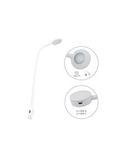 MODUS 12V lukuvalo, valkoinen, USB A+C, moderni muotoilu, joustava varsi, laturitoiminto, USB lukuvalo 12V