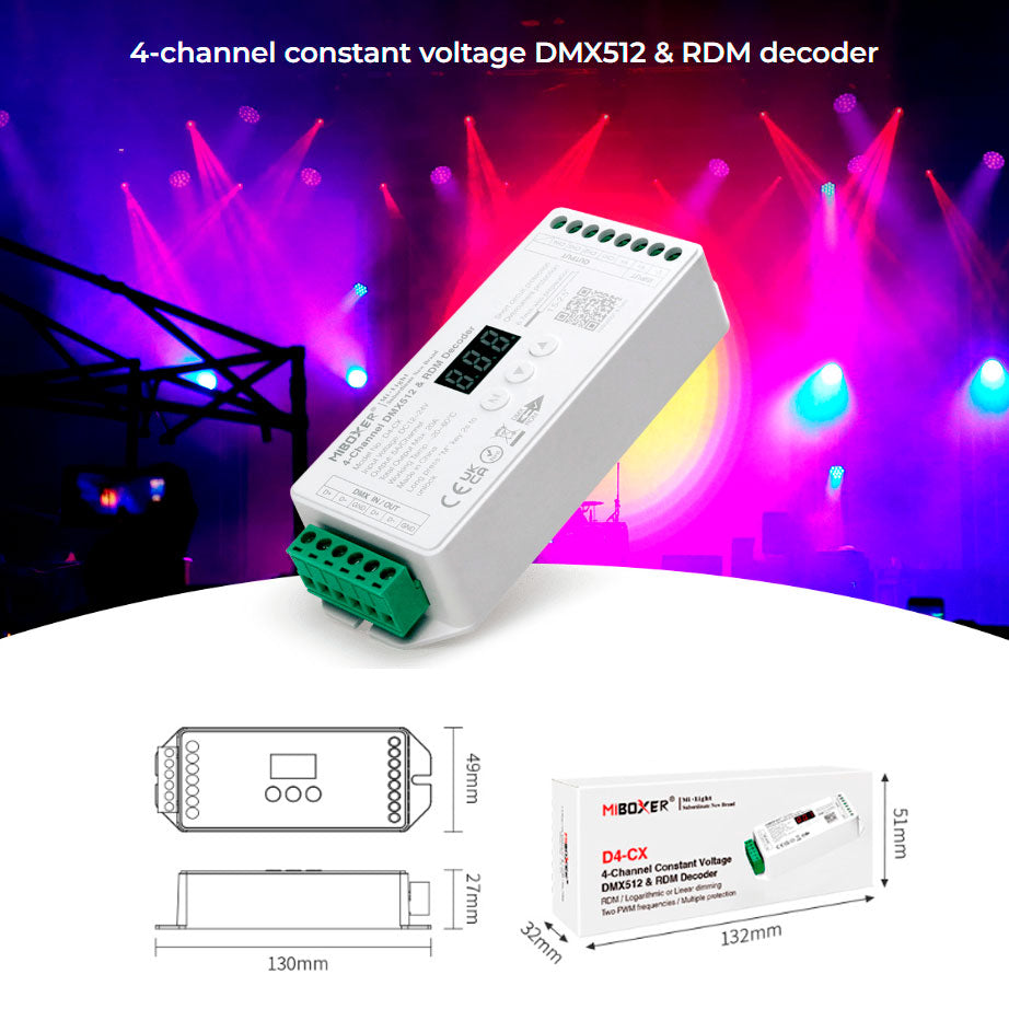 RGBW DMX-dekooderi 12-24VDC max. 20A DMX512 & RDM - D4-CX