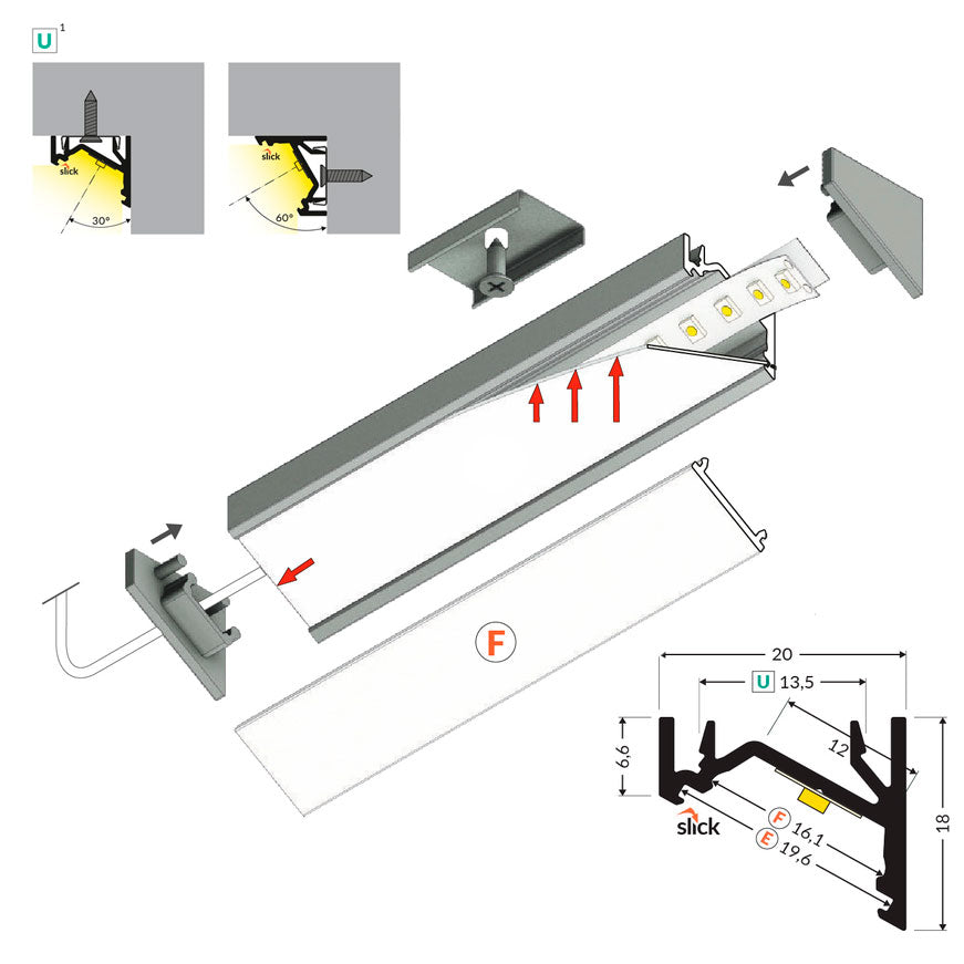 KULMA12 LED-profiilisetti anodisoitu, 2m