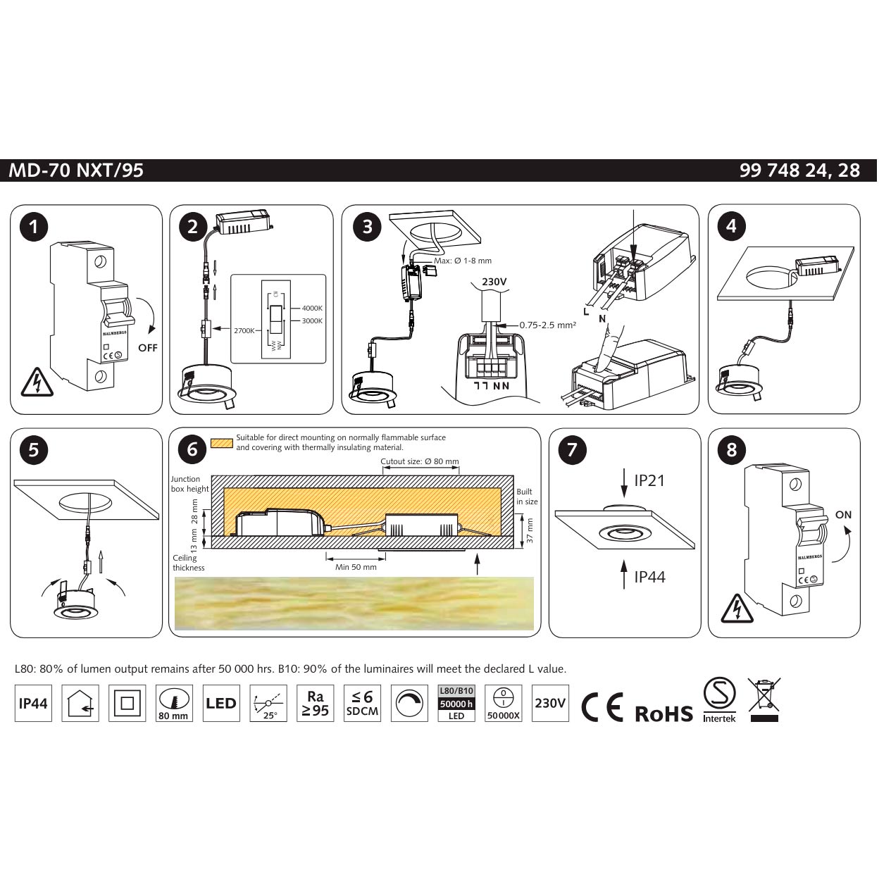 7W LED down light MD-95 white, 2700/3000/4000K, 60°, ~640lm, CRI>95, IP44, dimmable