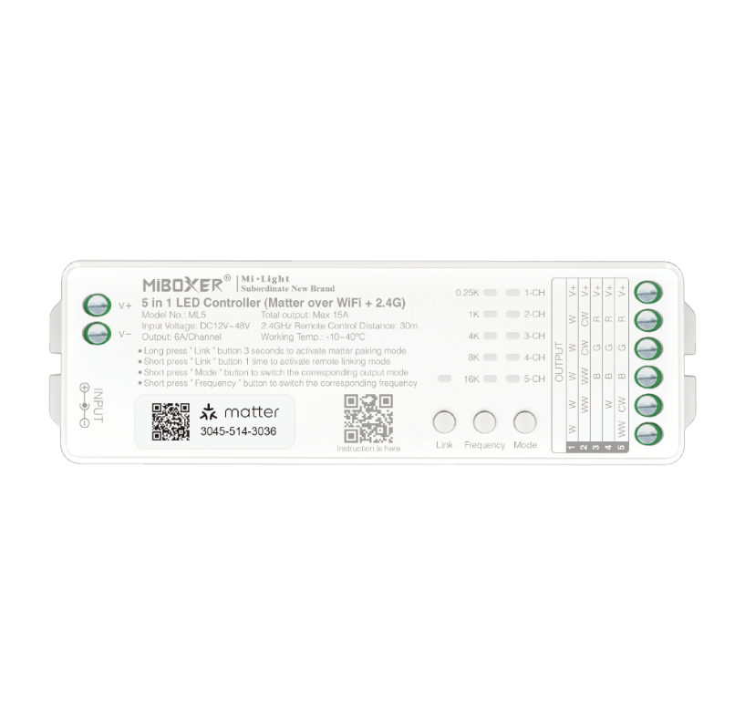 MiBoxer ML5 Matter LED-ohjain 12–48 V yksivärisille, CCT-, RGB-, RGBW- ja RGB+CCT LED-nauhoille