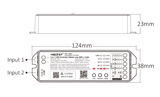 MiBoxer ML5 Matter LED-ohjaimen mitat ja asennusmitat