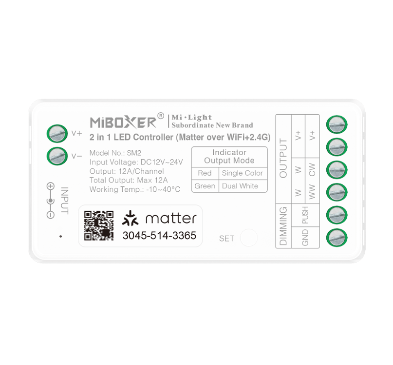MiBoxer SM2 Matter LED-ohjain yksiväriselle ja CCT LED-nauhalle